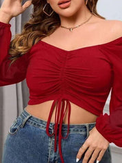 KOTTY Women Plus Size Puff Sleeves Fitted Crop Top With Ruched Details