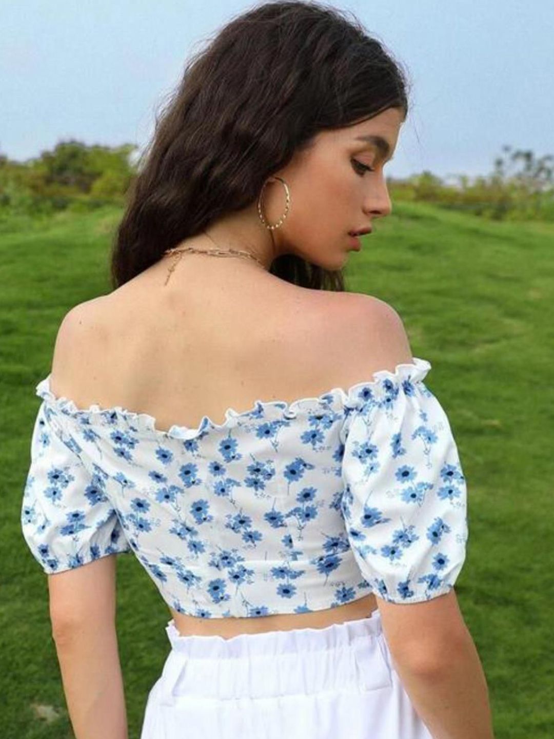 Kotty Women Floral Printed Off-Shoulder Bardot Crop Top