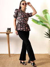 Kotty Floral Print Puff Sleeve Peplum Top