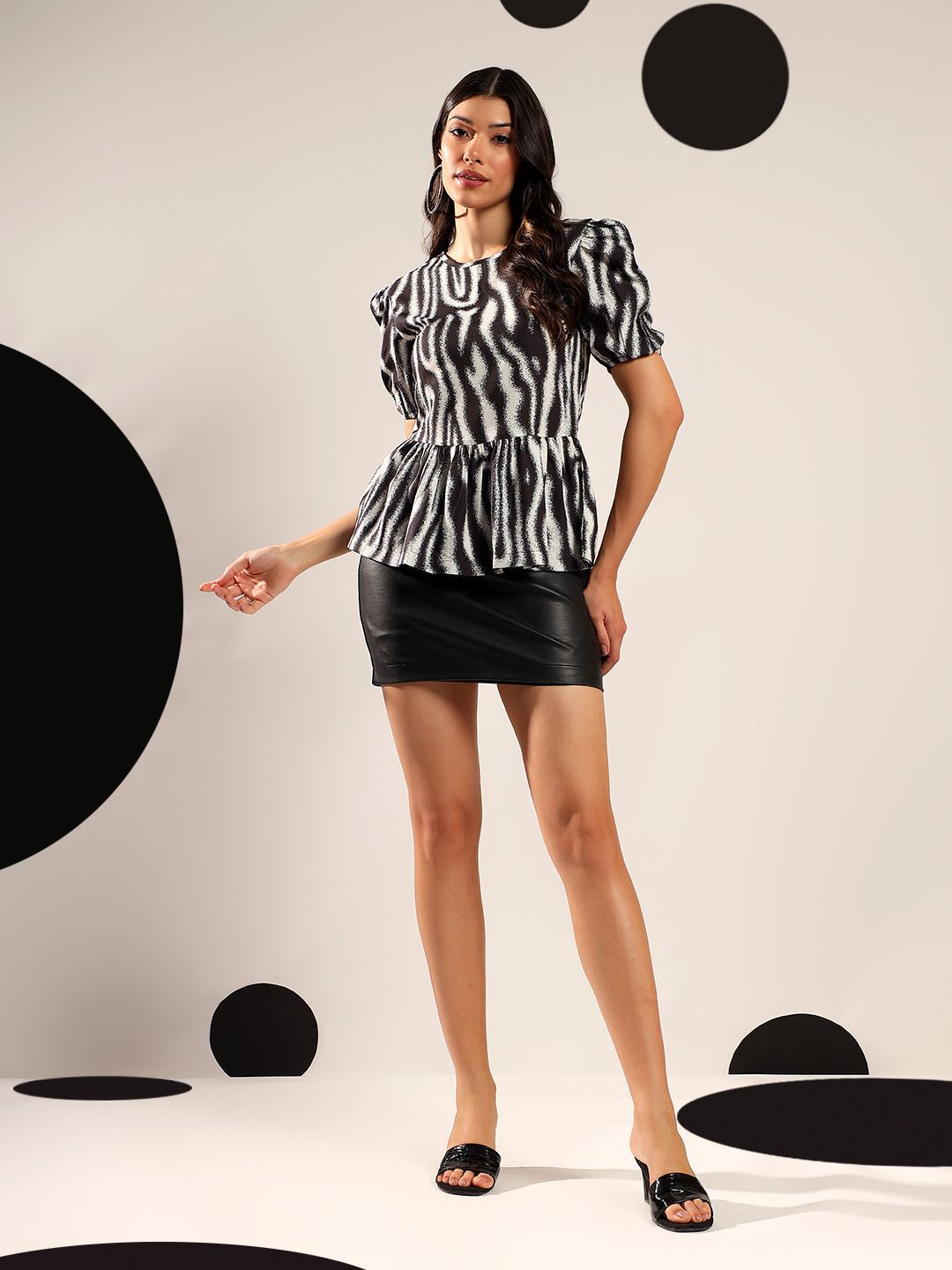 Kotty Women Boat Neck Puff Sleeve Peplum Top