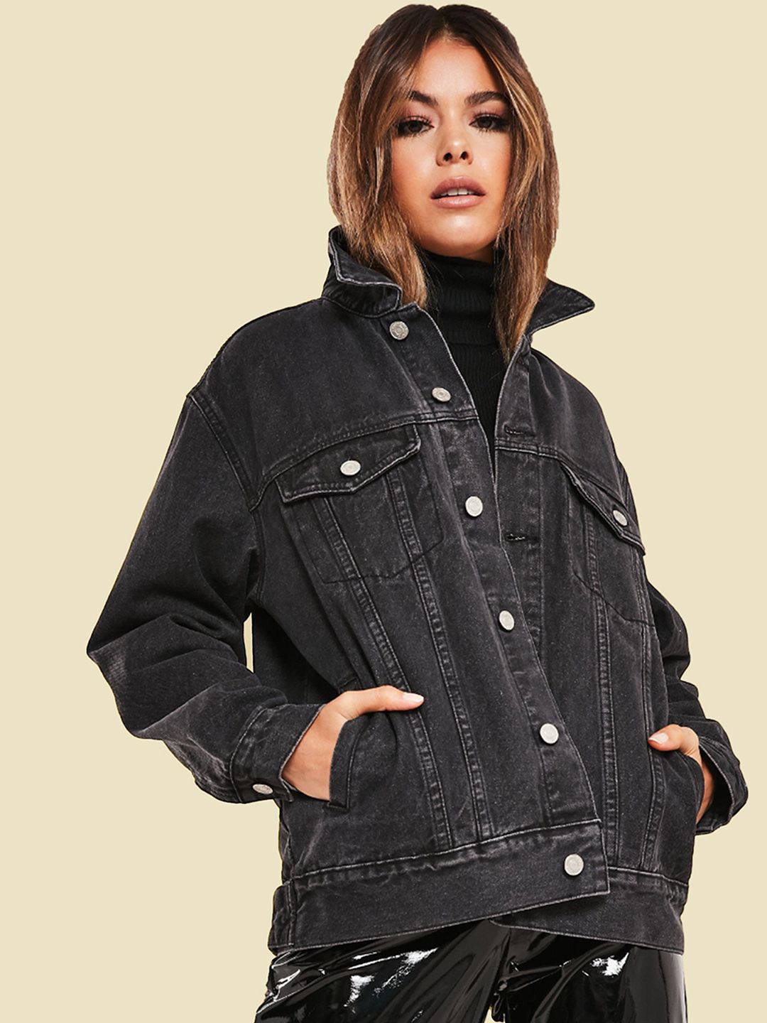 Kotty Women Spread Collar Washed Cotton Casual Denim Jacket