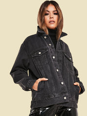 Kotty Women Spread Collar Washed Cotton Casual Denim Jacket