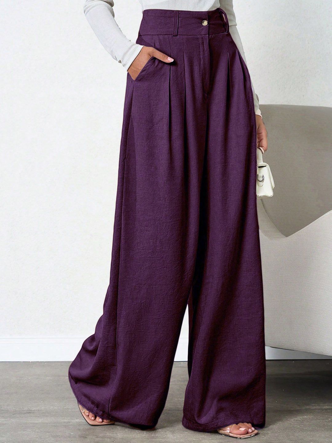 Kotty Women Relaxed Straight Leg Loose Fit High-Rise Wrinkle Free Trousers