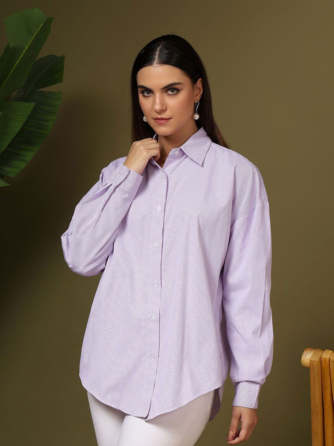 Kotty Women Relaxed Fit Spread Collar Vertical Striped Cotton Casual Shirt