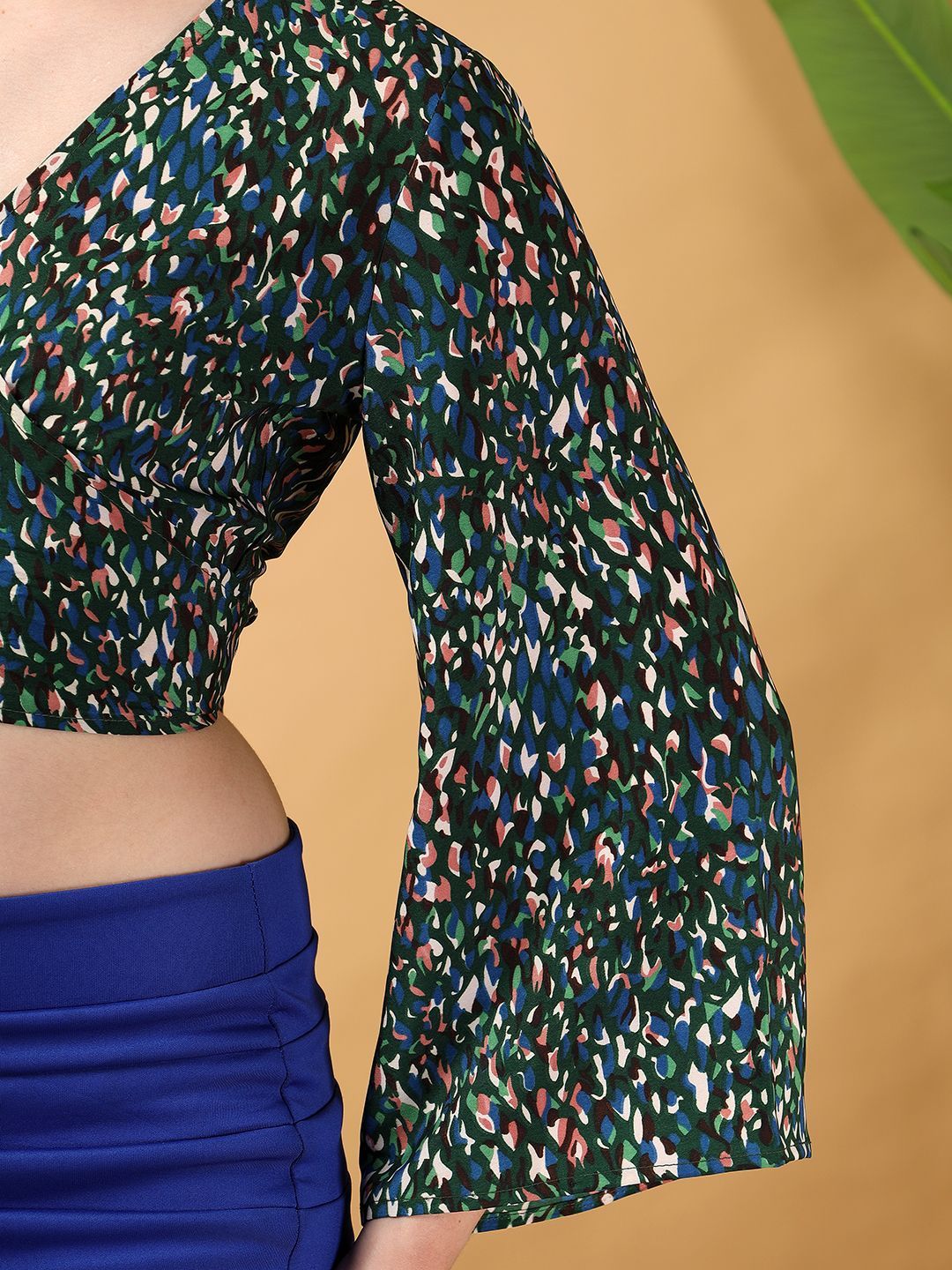 Kotty Floral Print Bell Sleeve Crepe Wrap Crop Top