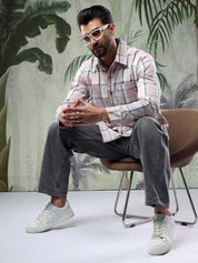 Kotty Men Spread Collar Tartan Checked Casual Shirt