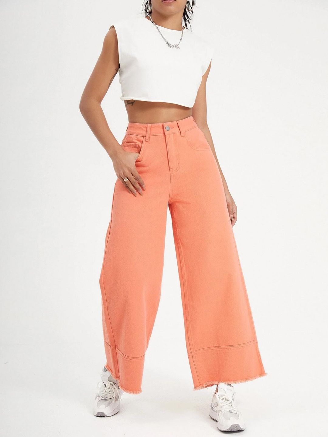 Kotty Women Clean Look Wide Leg High-Rise Frayed Denim Cotton Stretchable Jeans