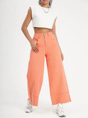 Kotty Women Clean Look Wide Leg High-Rise Frayed Denim Cotton Stretchable Jeans
