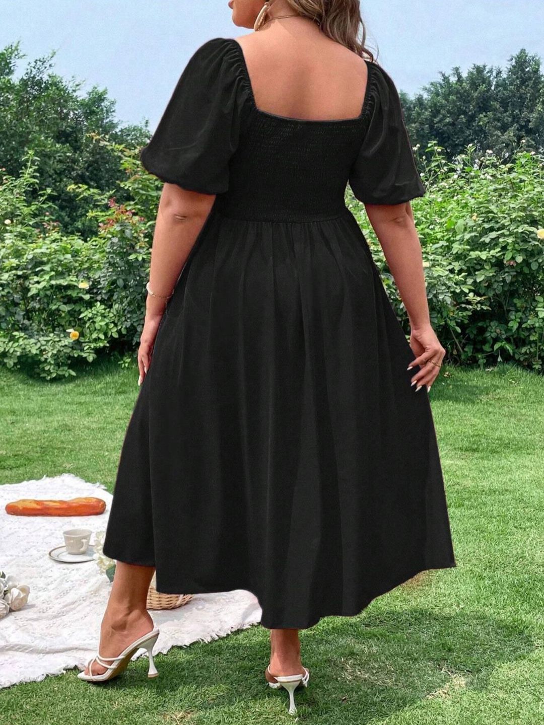 CURVE BY KOTTY Plus Size Puff Sleeve Fit & Flare Midi Dress With Slits