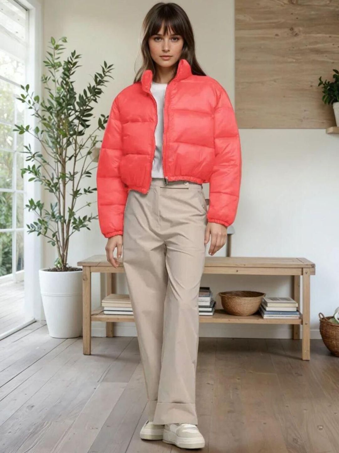 Kotty Women Stand Collar Solid Lightweight Puffer Jacket