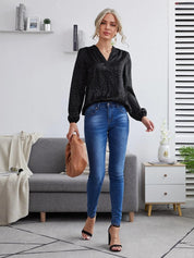 Kotty Black Animal Printed V-Neck Puff Sleeve Satin Top