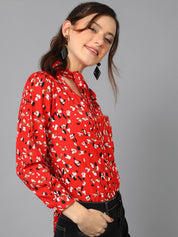 Kotty Red Floral Printed Tie-Up Neck Puff Sleeve Crepe Top