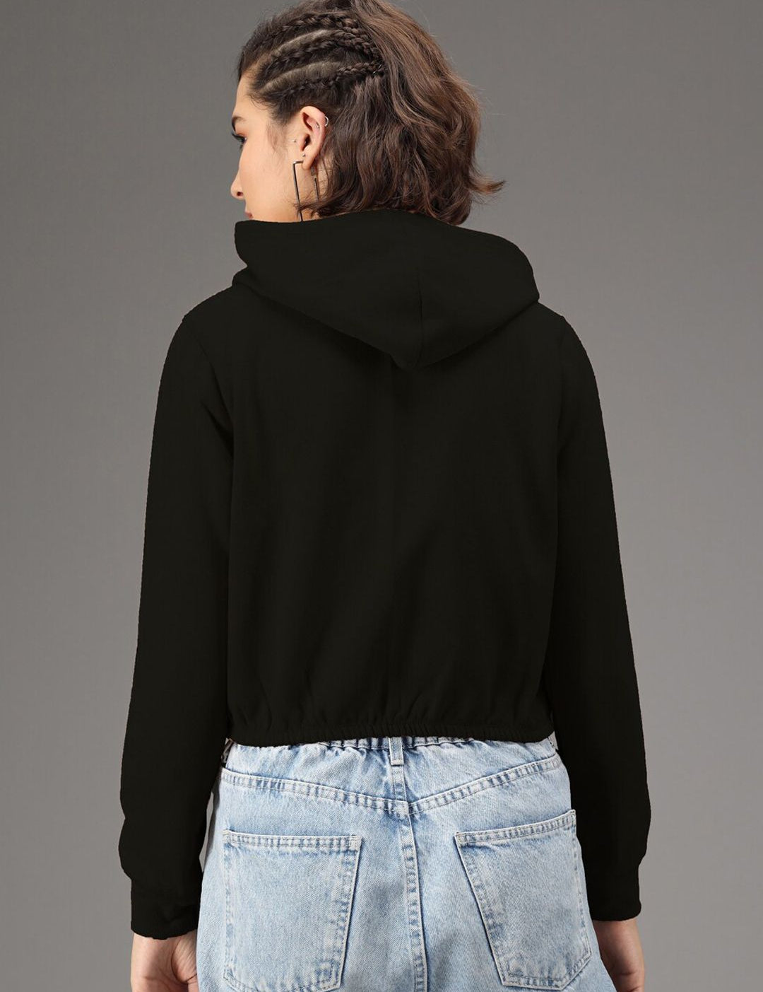 Kotty Women Black Solid Hooded Front-Open Cropped Sweatshirt