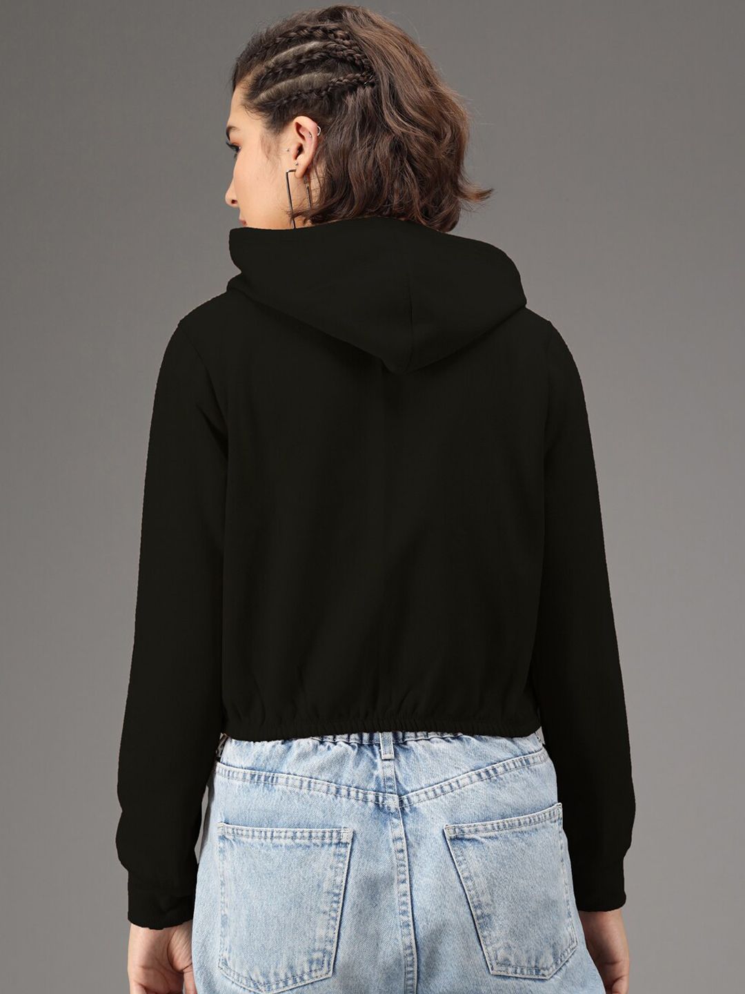 Kotty Women Black Solid Hooded Front-Open Cropped Sweatshirt