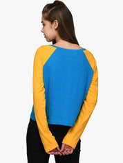 Kotty Women Blue & Yellow Colourblocked Round Neck T-shirt