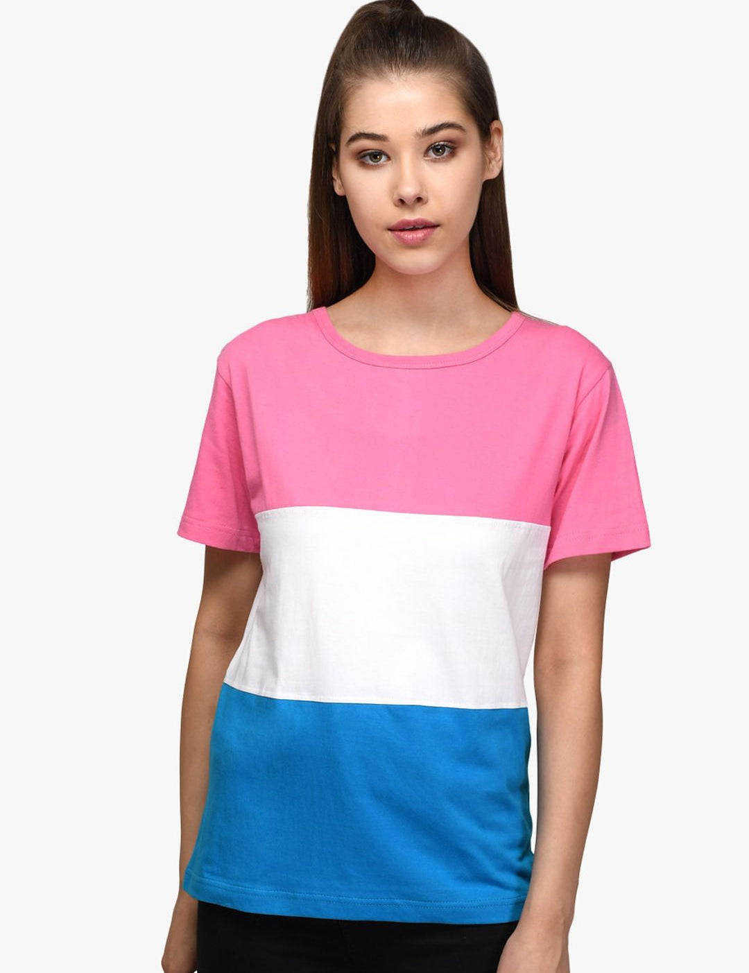 Kotty Women Pink & White Colourblocked Round Neck T-shirt
