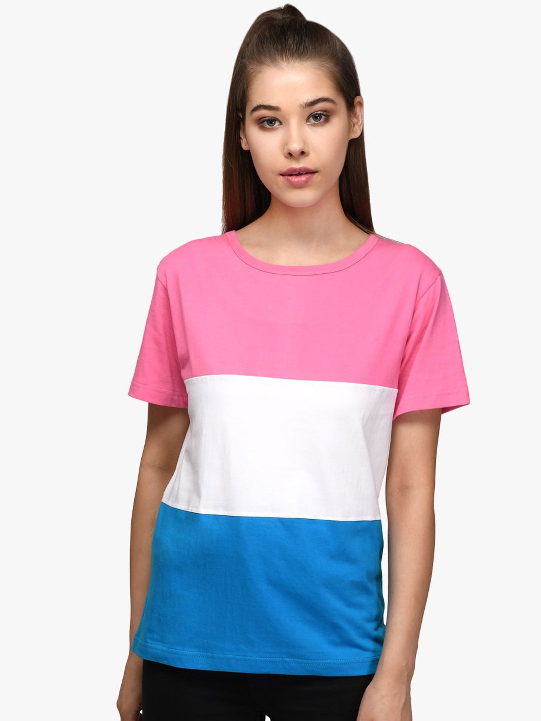 Kotty Women Pink & White Colourblocked Round Neck T-shirt