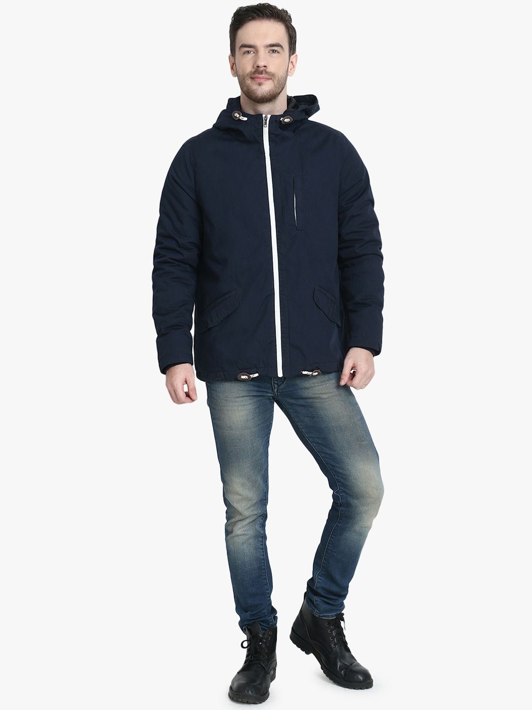 Kotty Men Navy Blue Solid Padded Hooded Jacket