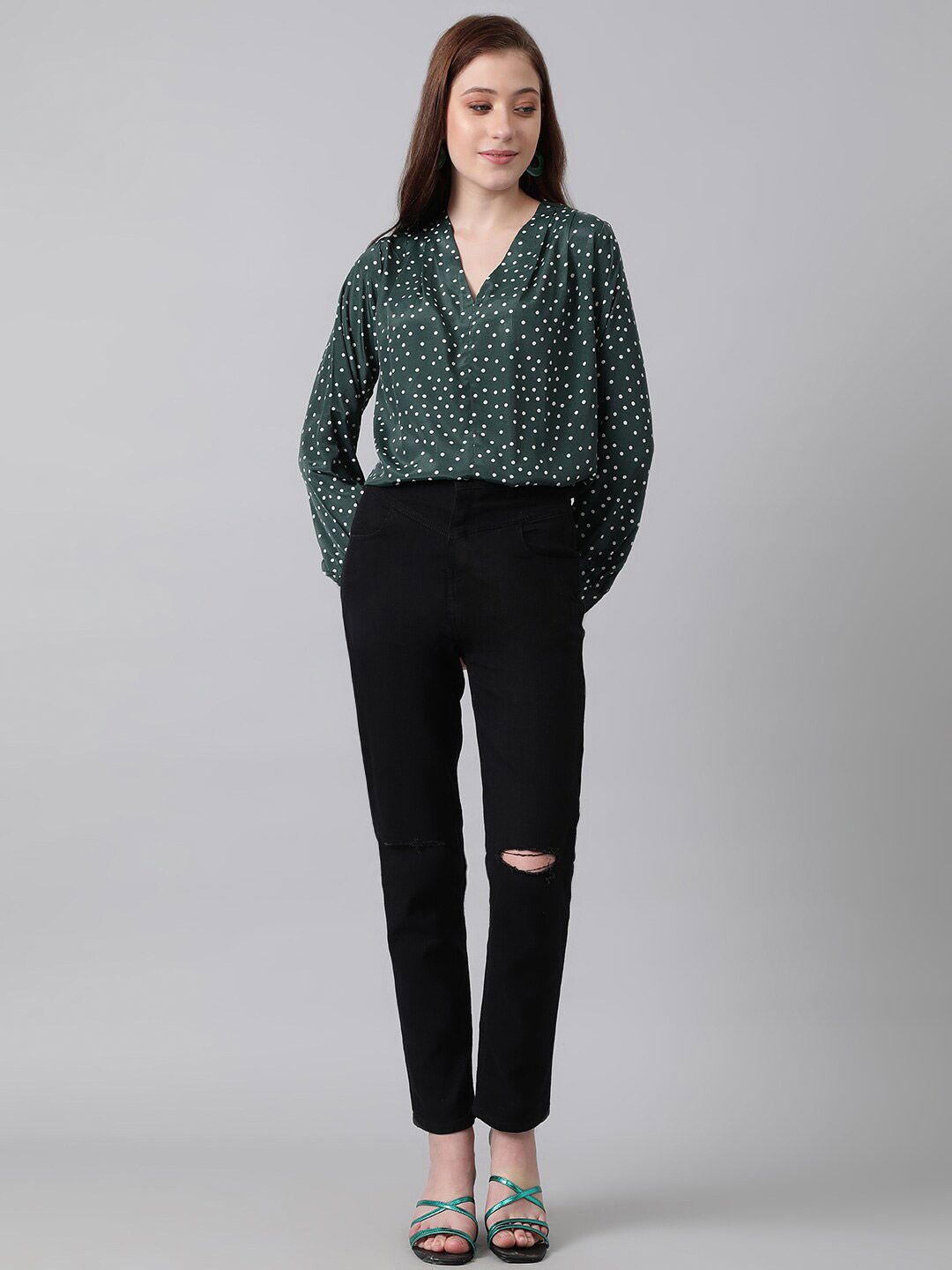 Kotty Green & White Polka Dot Print V-Neck Cuffed Sleeves Satin Crepe Top