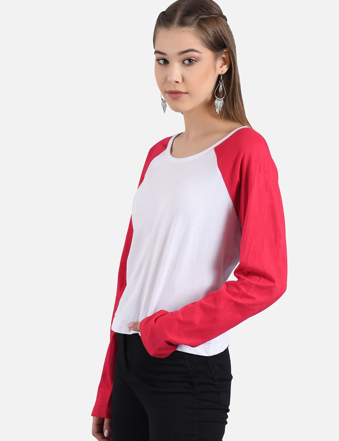 Kotty Women White & Red Colourblocked Boat Neck T-shirt