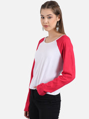 Kotty Women White & Red Colourblocked Boat Neck T-shirt