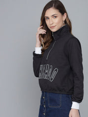 Kotty Women Black Printed Mock Collar Sweatshirt