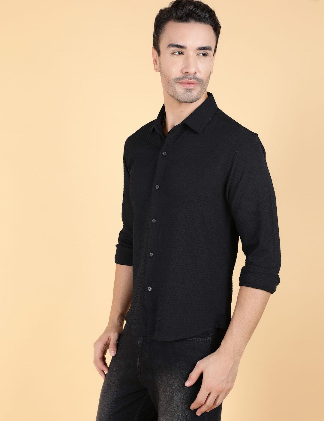 Kotty Men Relaxed Fit Spread Collar Textured Cotton Casual Shirt