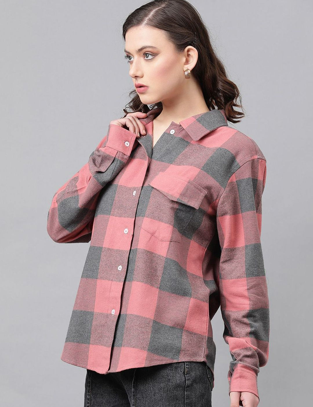 Kotty Buffalo Checks Spread Collar Longline Casual Shirt