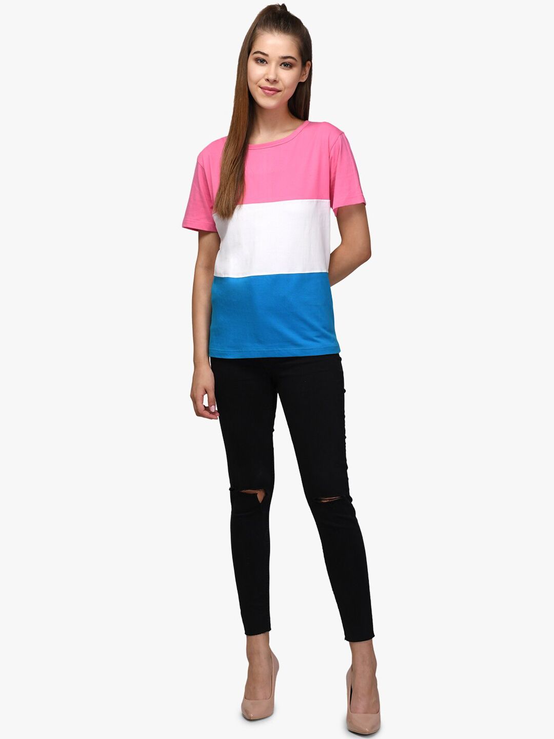 Kotty Women Pink & White Colourblocked Round Neck T-shirt