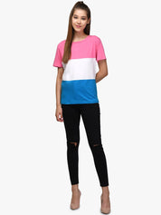 Kotty Women Pink & White Colourblocked Round Neck T-shirt