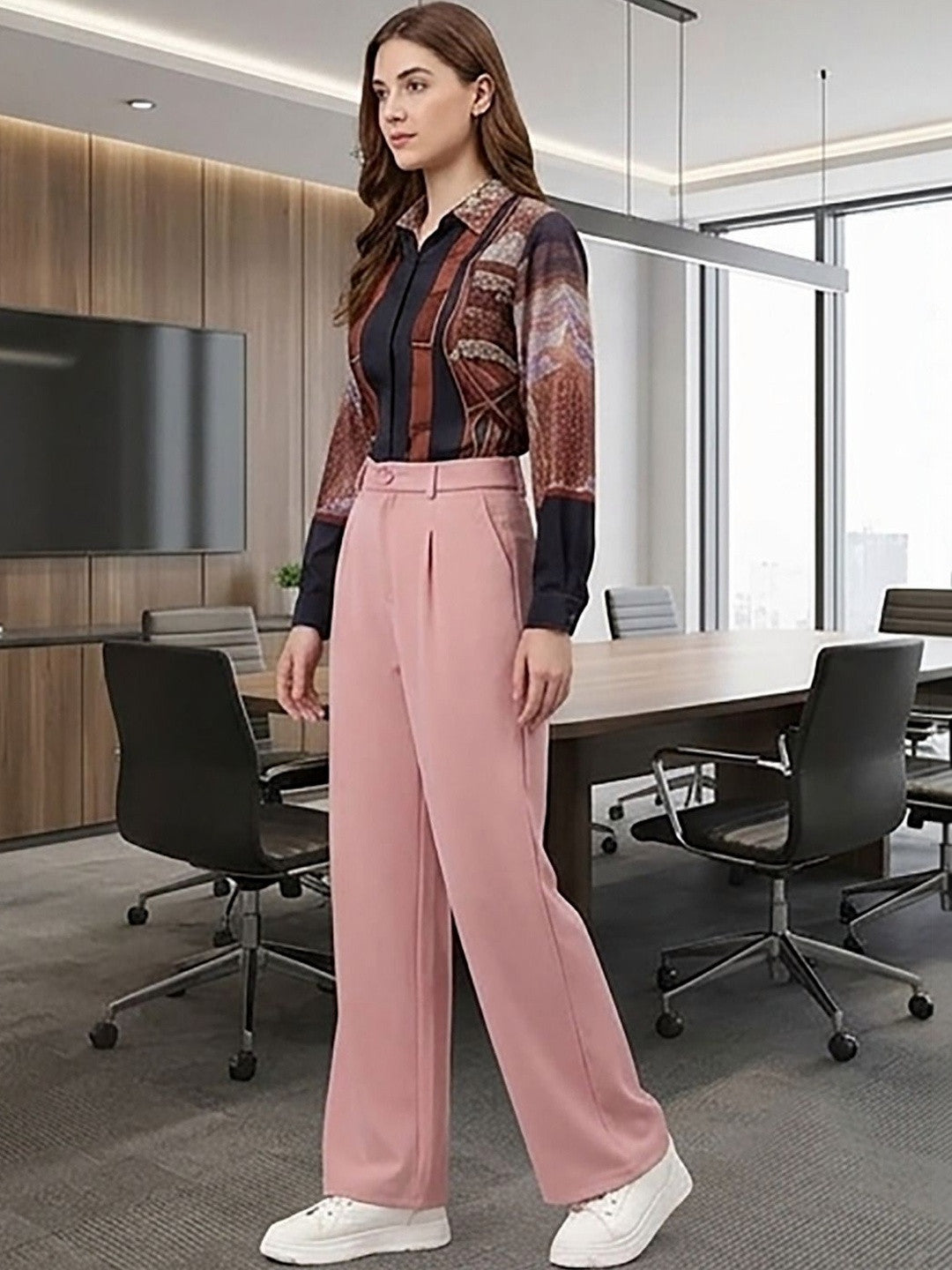 Pink Regular Fit Mid-Rise Trousers for Women – Elegant Solid Design | Kotty