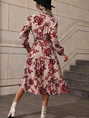 Kotty Beige & Maroon Printed Band Collar Puff Sleeves Crepe Tiered Fit & Flare Midi Dress