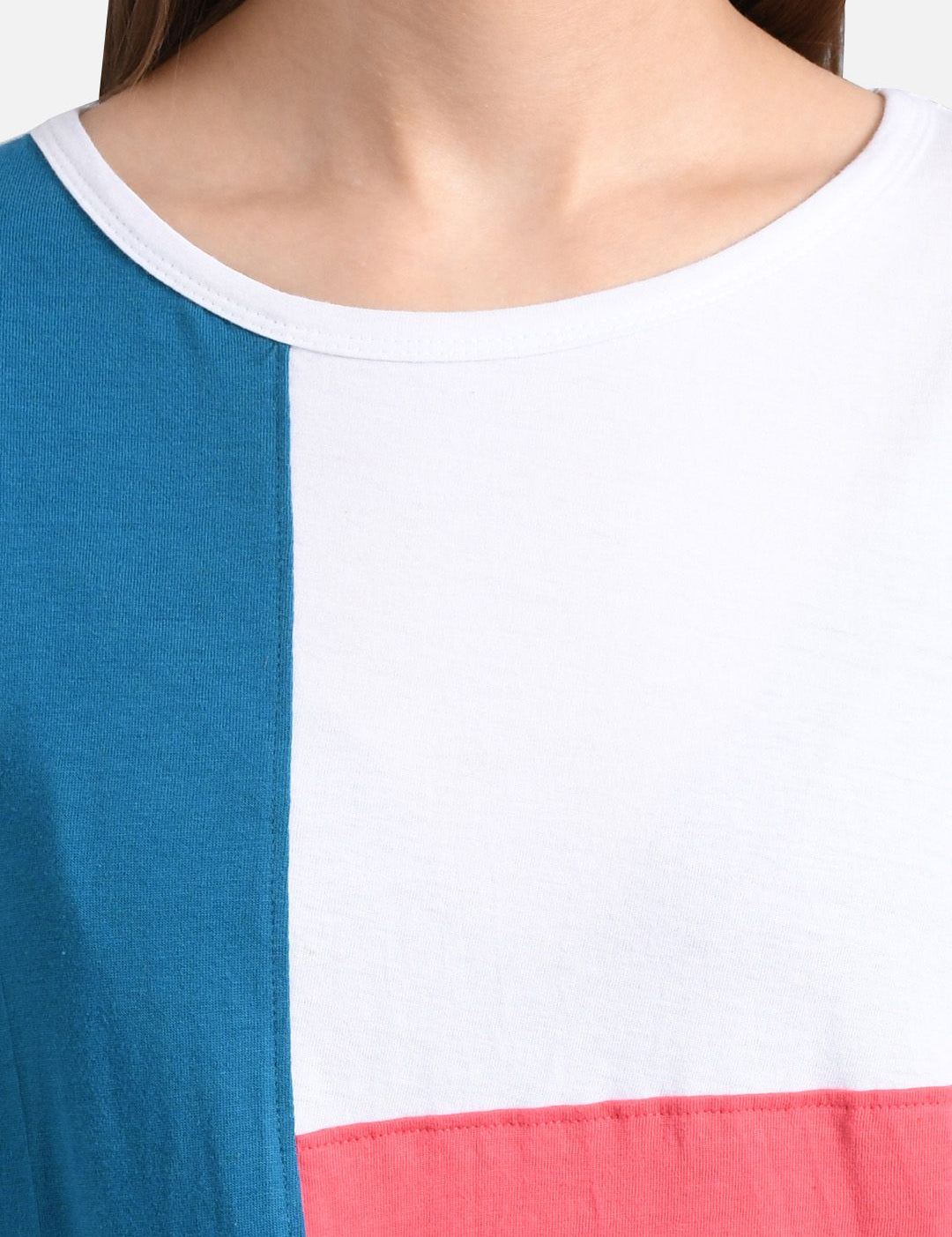 Kotty Women Navy Blue & Coral Pink Colourblocked Boat Neck T-shirt