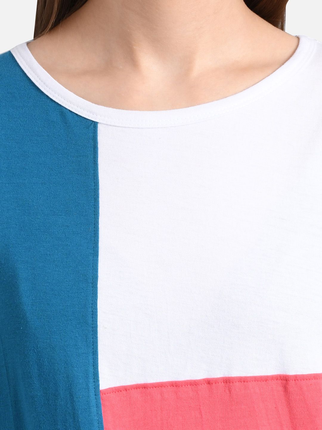 Kotty Women Navy Blue & Coral Pink Colourblocked Boat Neck T-shirt