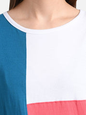 Kotty Women Navy Blue & Coral Pink Colourblocked Boat Neck T-shirt