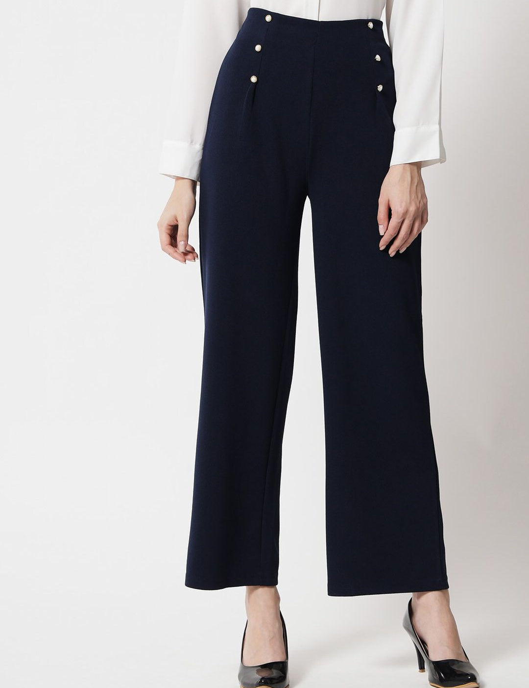 Kotty Women Navy Blue Relaxed Straight Fit High-Rise Easy Wash Trousers