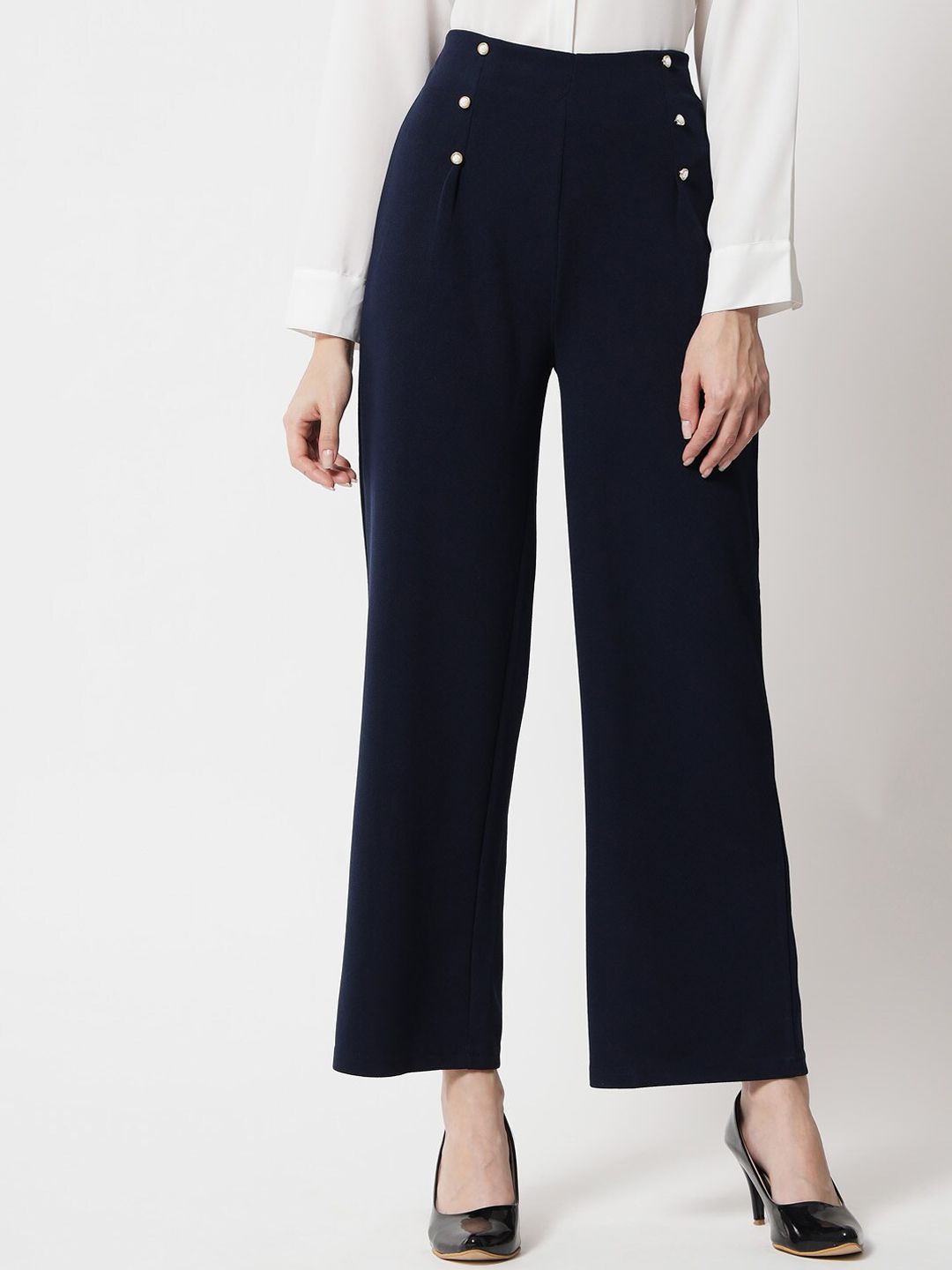 Kotty Women Navy Blue Relaxed Straight Fit High-Rise Easy Wash Trousers