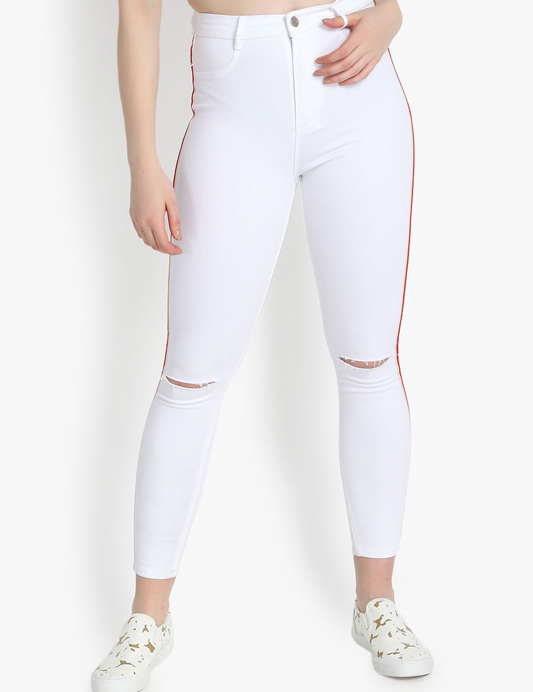 Kotty Women White Skinny Fit High-Rise Slash Knee Stretchable Jeans