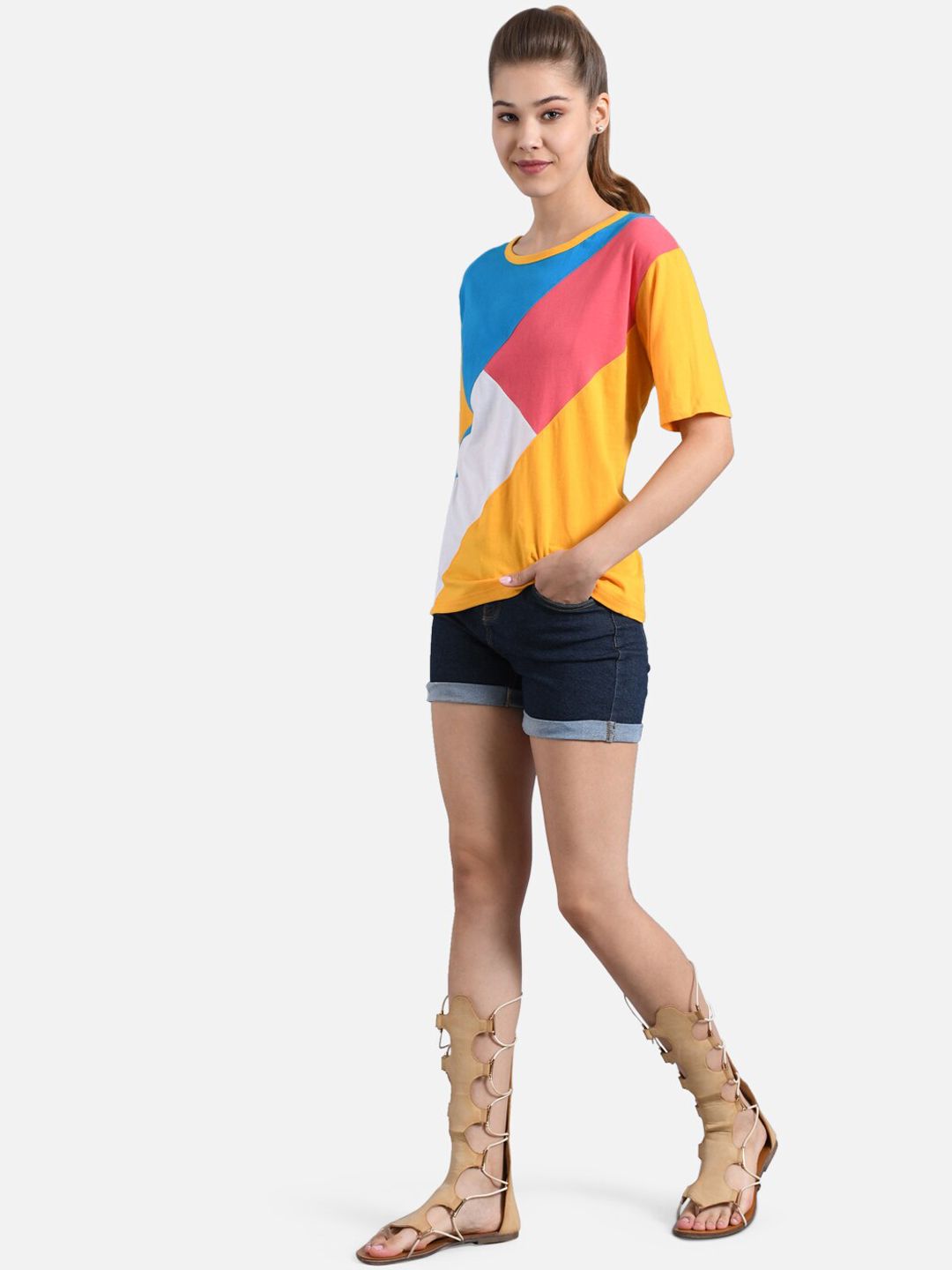 Kotty Women Yellow & Blue Colourblocked Round Neck T-shirt