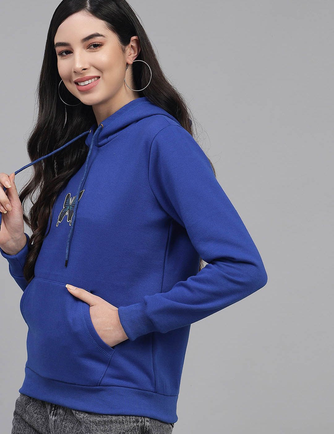 Kotty Women Blue & Black Butterfly Printed Hooded Sweatshirt