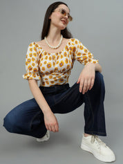 Kotty Cream Floral Printed Puff Sleeve Crop Top