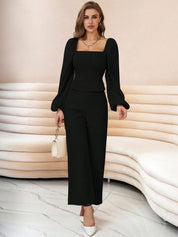 Kotty Square Neck Puff Sleeves Top With Trousers