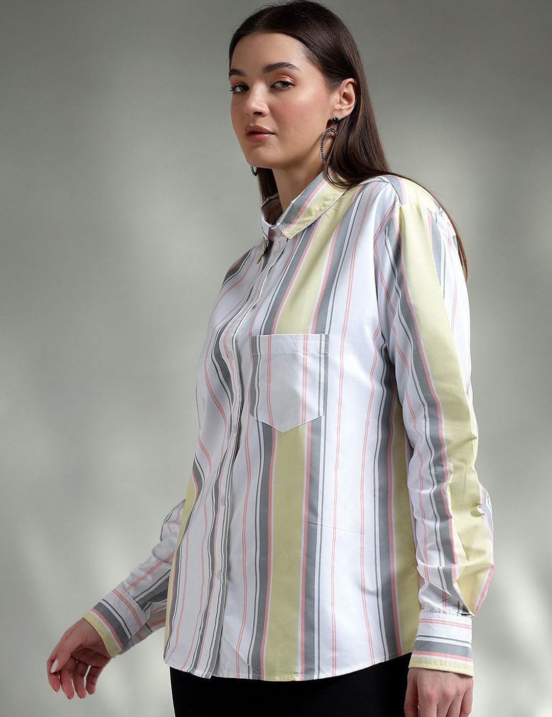 Kotty Women Spread Collar Vertical Striped Cotton Oversized Casual Shirt