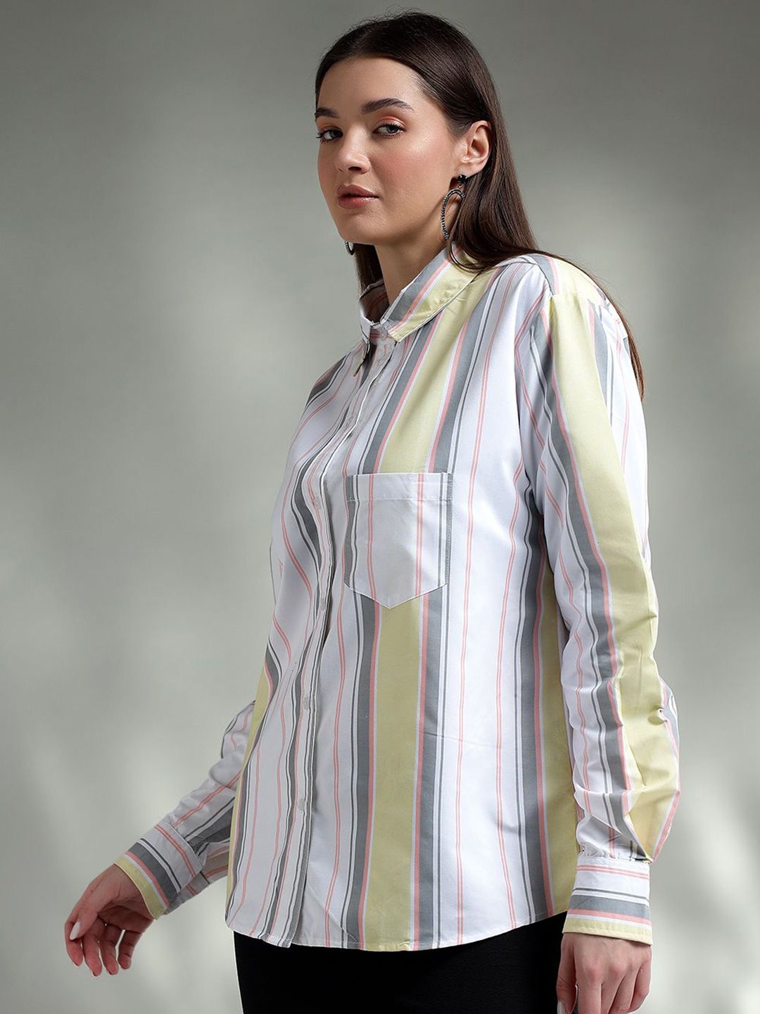 Kotty Women Spread Collar Vertical Striped Cotton Oversized Casual Shirt