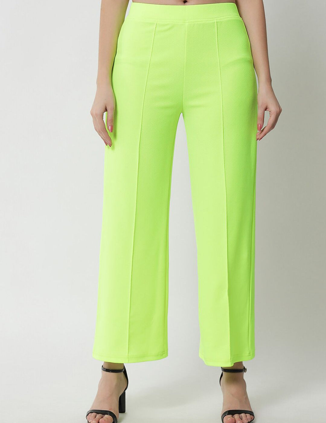 Kotty Women Fluorescent Green Solid Relaxed Straight Fit Parallel Trousers
