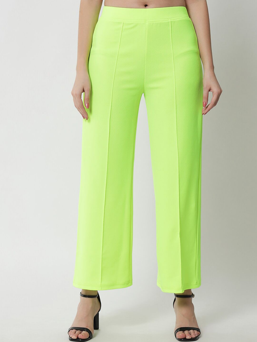 Kotty Women Fluorescent Green Solid Relaxed Straight Fit Parallel Trousers