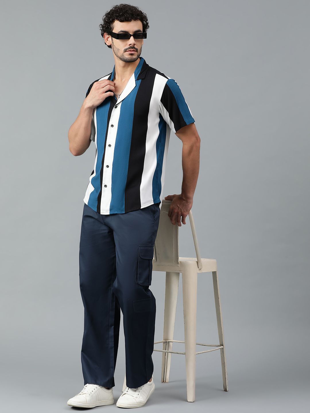 Kotty Men Cuban Collar Striped Casual Shirt