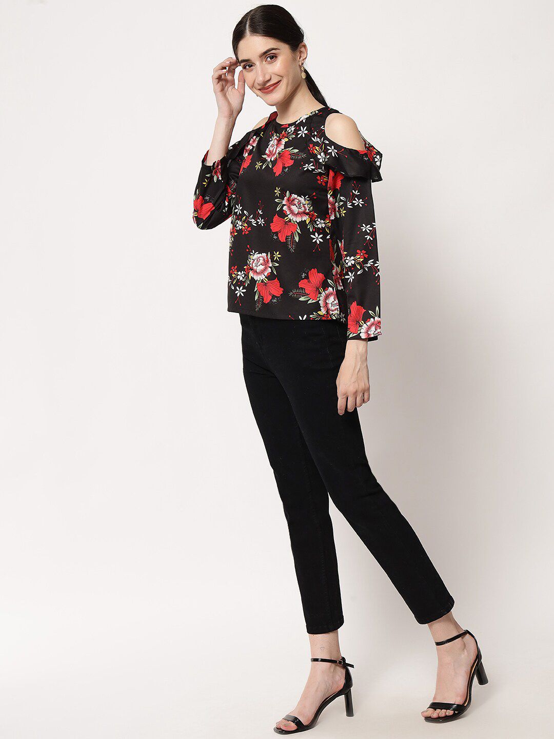 Kotty Round Neck Floral Print Cold-Shoulder Crepe Top