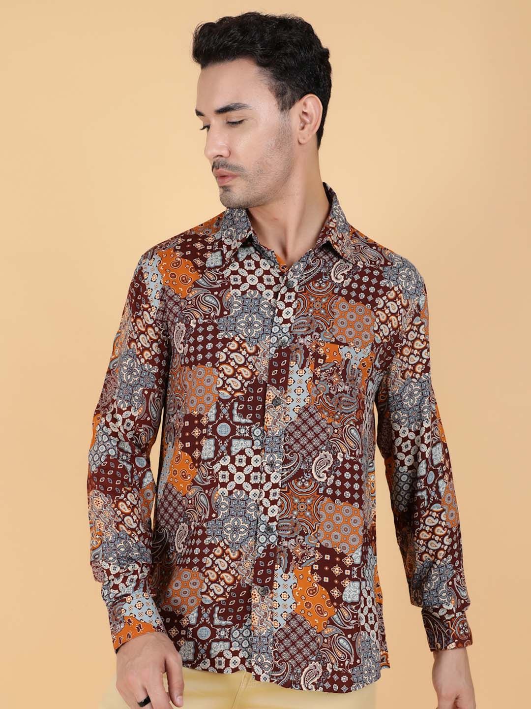 Kotty Men Relaxed Spread Collar Graphic Printed Cotton Casual Shirt