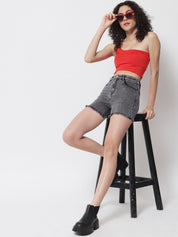 Kotty Women Black High-Rise Running Denim Shorts